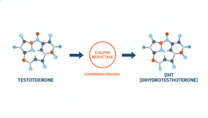 Scientific diagram showing how testosterone converts to DHT causing prostate growth