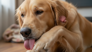 A sad dog scratching and licking its paw, representing common dog gut health symptoms like allergies and inflammation.