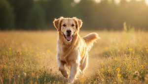 A happy and healthy Golden Retriever showing high energy and shiny coat due to good gut health.