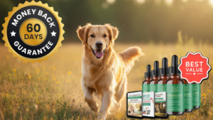 beautiful show dog with a shiny coat next to a bottle of Pawbiotix liquid probiotic.