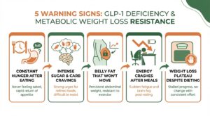 Infographic showing 5 signs of GLP-1 hormone deficiency and metabolic weight loss resistance in adults over 40