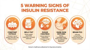 ALT TEXT:Infographic showing 5 warning signs of hidden blood sugar spikes and insulin resistance