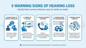 Infographic showing 5 warning signs of progressive hearing loss in adults over 50