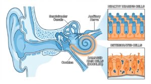 Medical diagram showing damaged inner ear hair cells that cause progressive age-related hearing loss