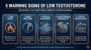 Infographic showing 5 warning signs of testosterone crash and low testosterone in men over 40