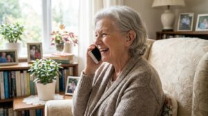 Elderly woman happily using H2Go+ hearing amplifier to talk on the phone clearly showing real results