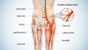 Medical diagram showing the sciatic nerve path and areas of damage and inflammation causing shooting pain down the leg