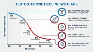Medical chart showing testosterone decline by age and its effects on male health and performance after 40
