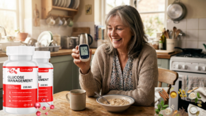 Real person over 50 checking normal blood sugar levels after using CardioNEX Glucose Management supplement