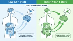Medical diagram showing how GLP-1 hormone controls appetite and satiety and how its decline causes weight gain after 40
