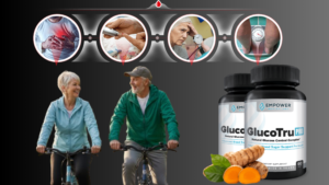GlucoTru Pro supplement reviewed in 2026 next to blood pressure monitor showing normal healthy reading