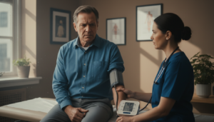 Man over 50 getting blood pressure checked showing high reading representing hypertension and cardiovascular risk