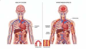 Medical diagram showing how high blood pressure damages the heart kidneys brain and arteries over time