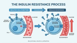 Diagram showing how insulin resistance causes blood sugar spikes and prevents glucose from entering cells