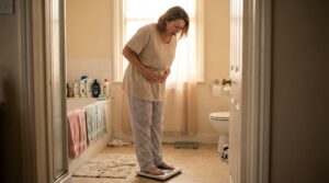 Woman over 40 frustrated on bathroom scale showing stubborn weight that wont budge despite diet and exercise