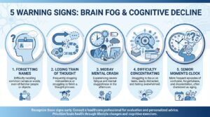 Infographic showing 5 warning signs of brain fog and cognitive decline in adults over 50