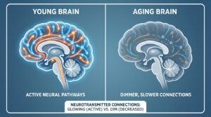 Medical diagram comparing young brain neural connections with aging brain showing reduced neurotransmitter activity