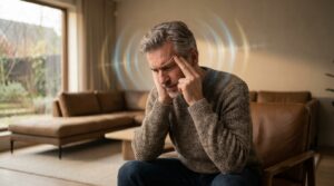 A 55-year-old man in a living room touching his temple due to constant ringing in the ears and tinnitus after 50.