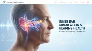 Medical 3D illustration of a mature man's inner ear anatomy showing the cochlea and blood circulation pathways related to tinnitus.